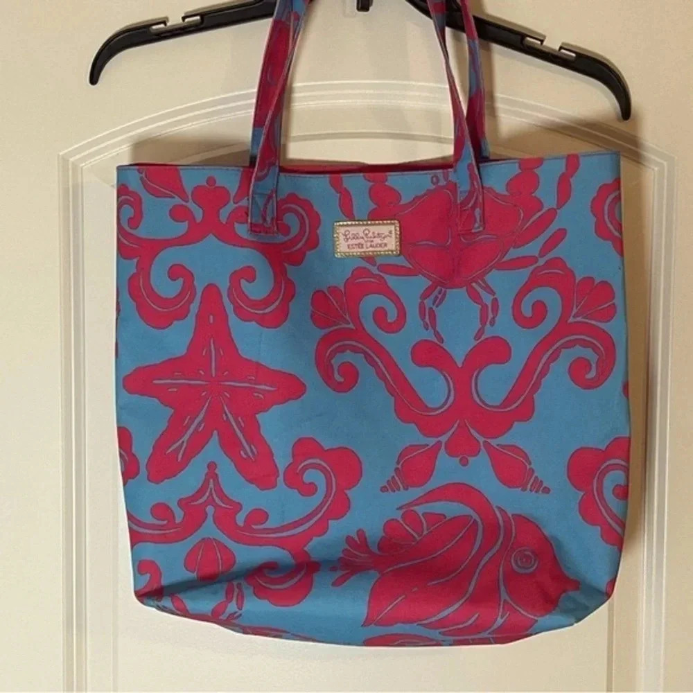 Lily Pulitzer x Estee Lauder Pink Blue Ocean Theme Canvas Beach Tote